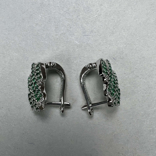 Triple White Gold Plated Earrings with Green Cubic Zirconia Stones Above