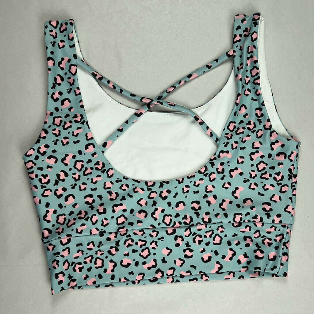 Sport Bra with Pink and Blue Animal Print small cross straps at back
