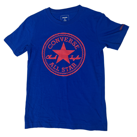 Front view of the Converse Boy's Blue and Red Logo T-Shirt