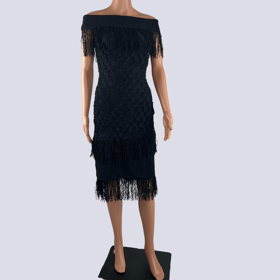 Front view of the Jonathan Simkhai Black Fringe Dress