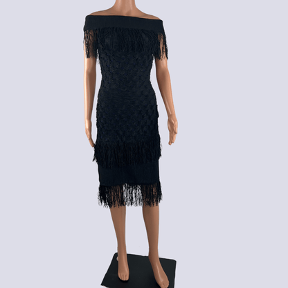Front view of the Jonathan Simkhai Black Fringe Dress
