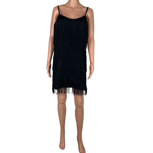 Front view of the Spicysugar Black Fringe Flapper Midi Dress