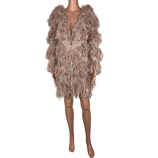 Front view of the ASOS Faux Feather Embellished Detail Pink Mini Dress