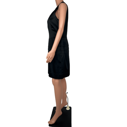 Side view of the Cue Satin Black Sleeveless Midi Dress