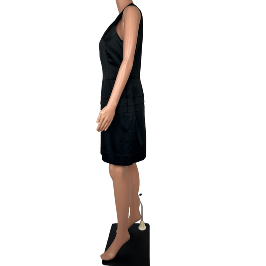 Side view of the Cue Satin Black Sleeveless Midi Dress