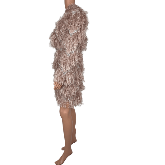 Side view of the ASOS Faux Feather Embellished Detail Pink Mini Dress
