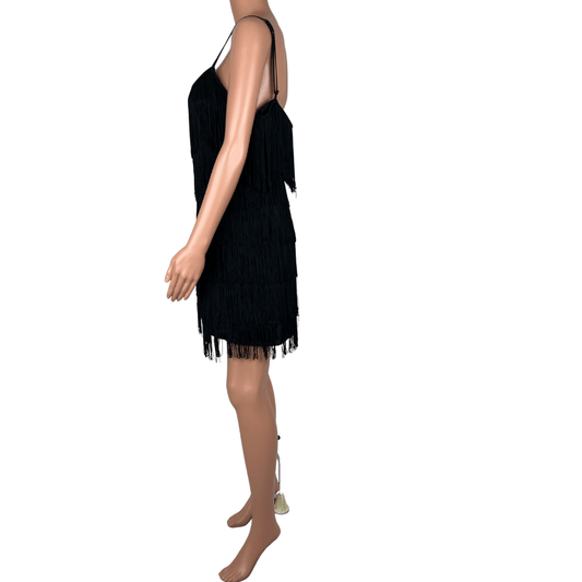 Side view of the Spicysugar Black Fringe Flapper Midi Dress
