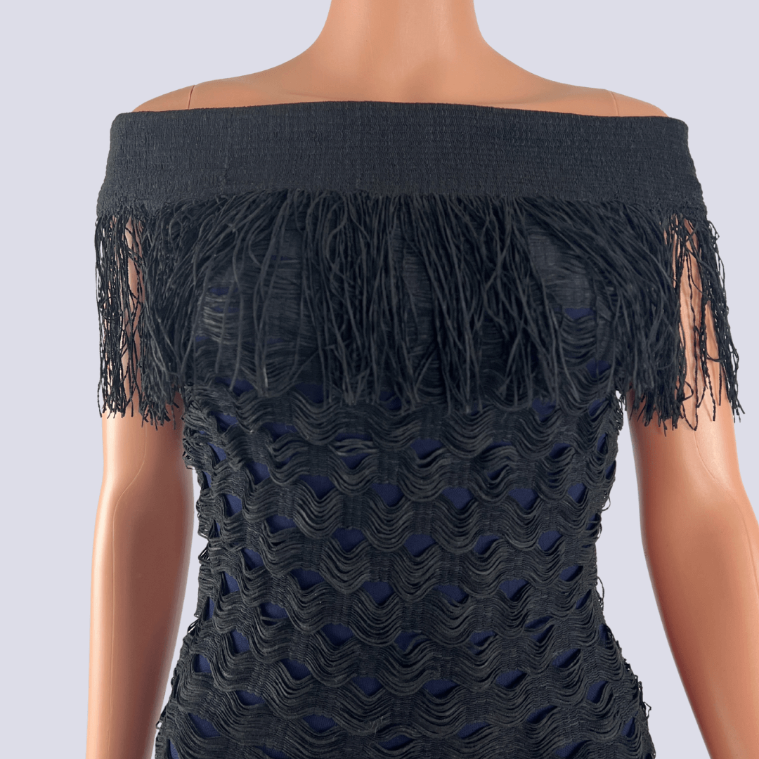Front detail view of the Jonathan Simkhai Black Fringe Dress