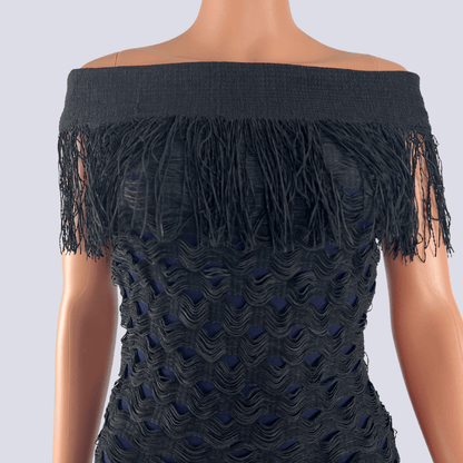 Front detail view of the Jonathan Simkhai Black Fringe Dress