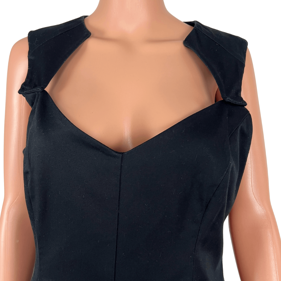 Front detail view of the neckline on the Cue Black Sleeveless Midi Dress