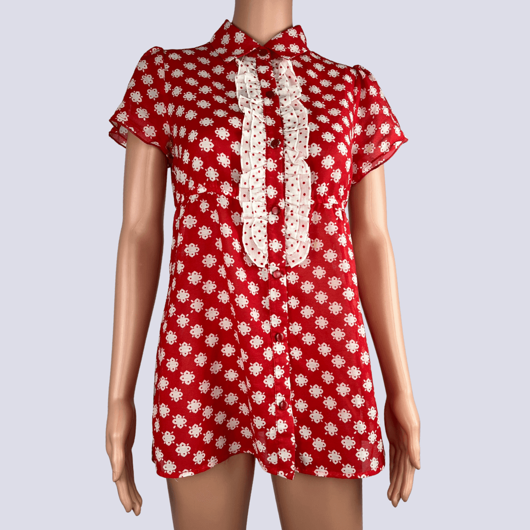 Front view of the red and white dress