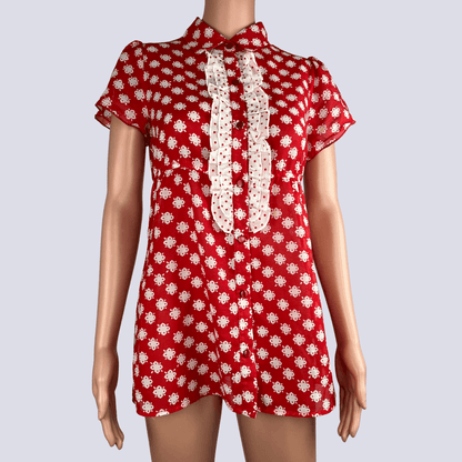 Front view of the red and white dress