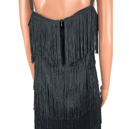 Back detail view of the Spicysugar Black Fringe Flapper Midi Dress