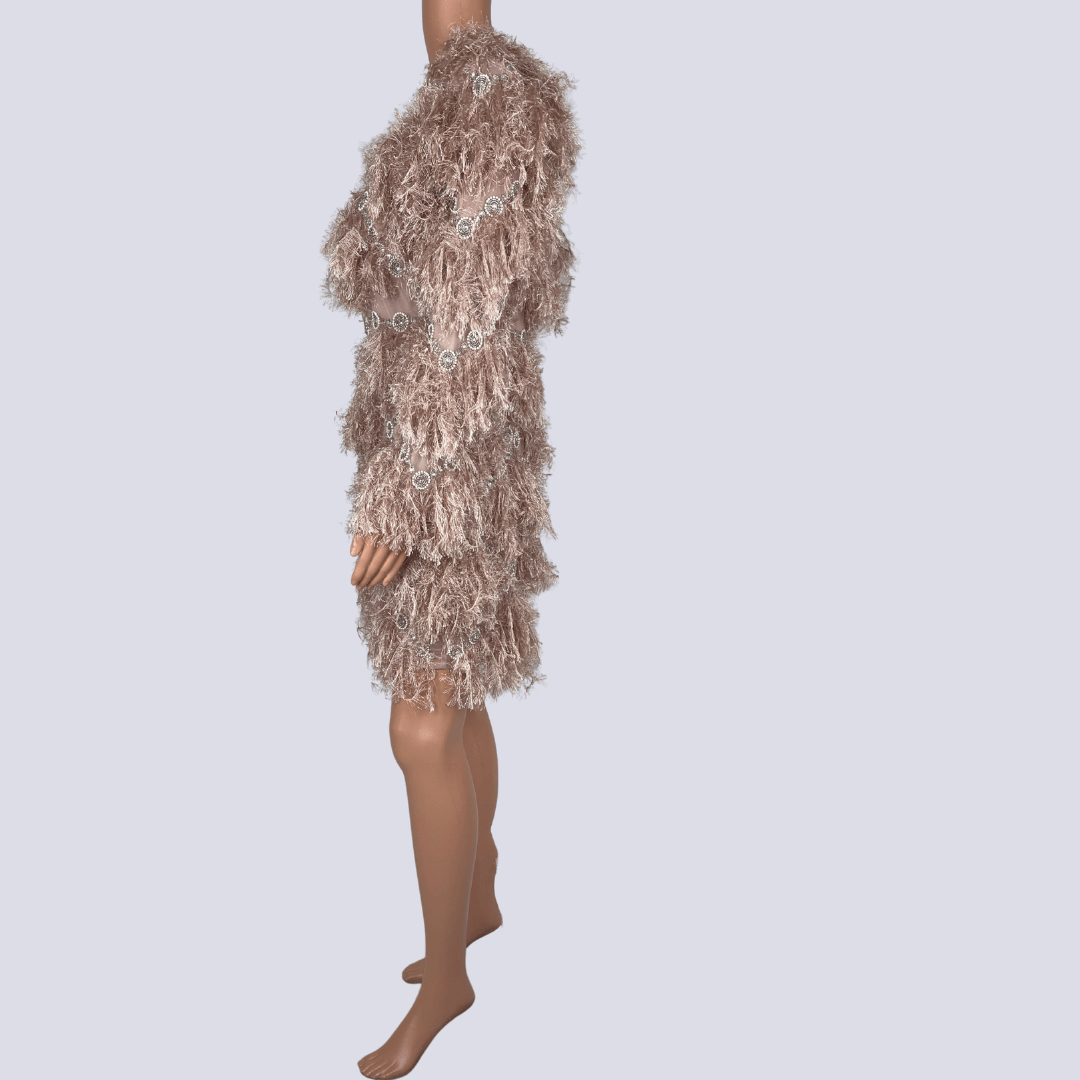 Side view of the ASOS faux feather dress