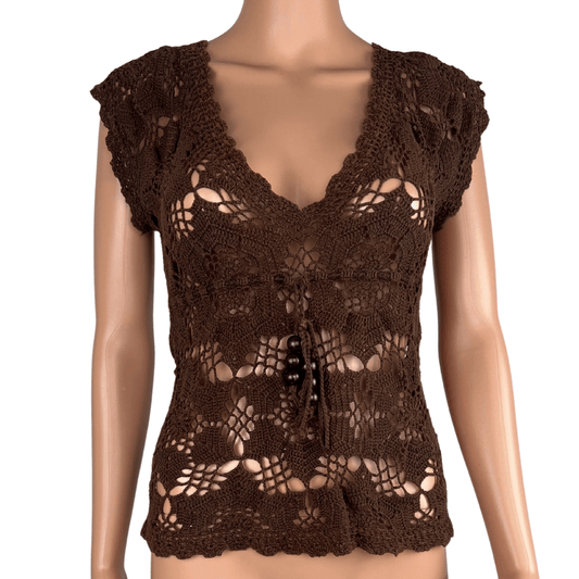 Front view of the AWear brown crochet top