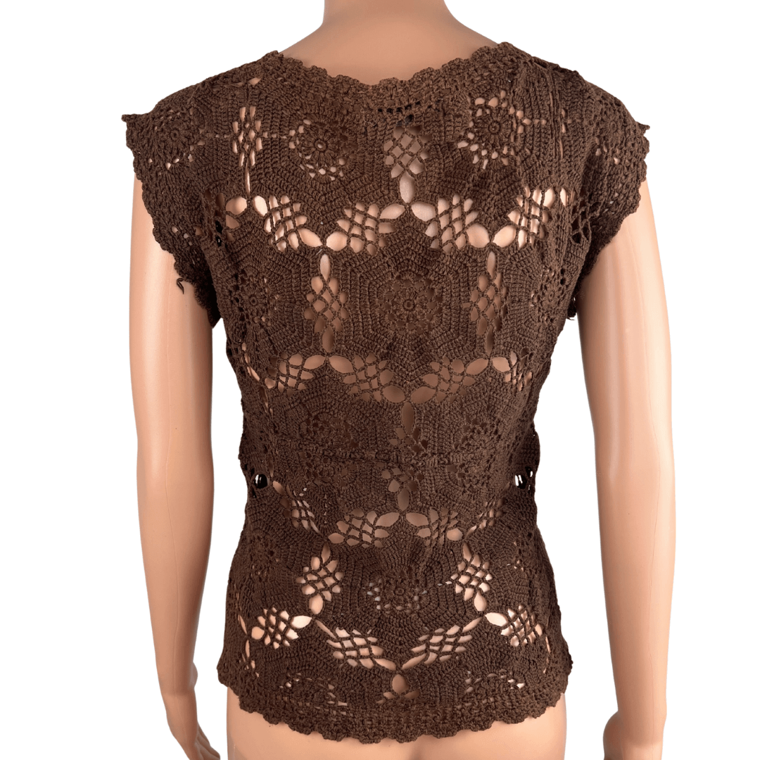 Front view of the AWear brown crochet top