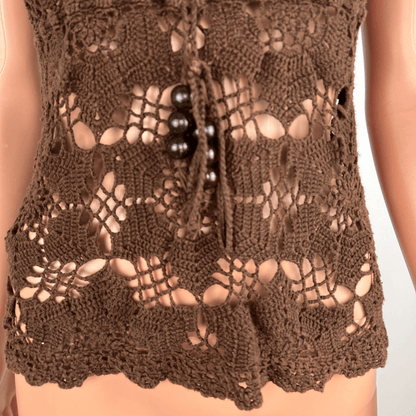 Front view of the AWear brown crochet top