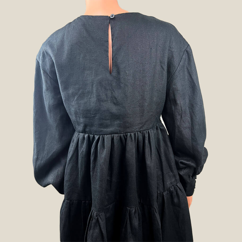 Aere Babydoll Long Sleeve Black Linen Mini Dress Back Detail