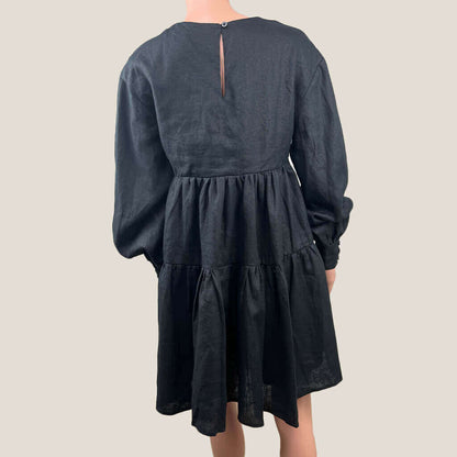 Aere Babydoll Long Sleeve Black Linen Mini Dress Back