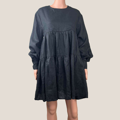Aere Babydoll Long Sleeve Black Linen Mini Dress Front
