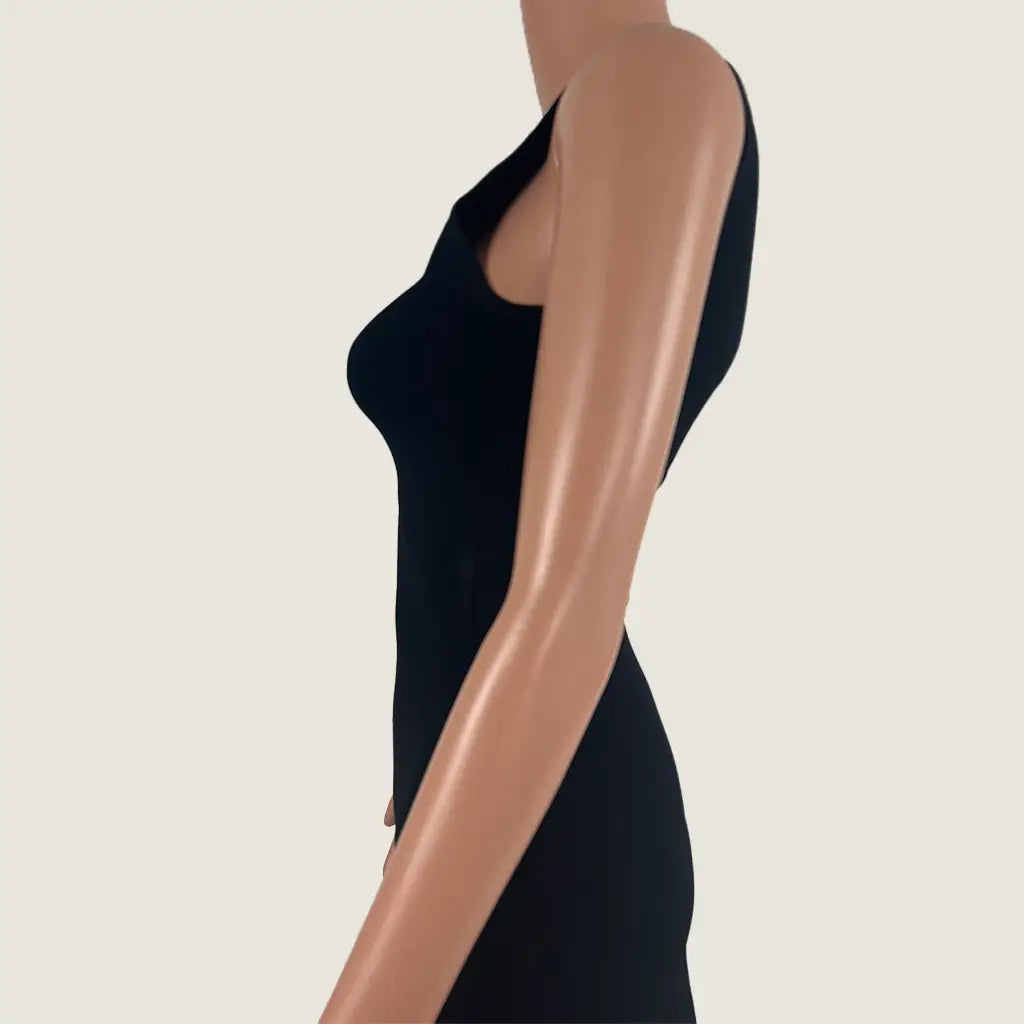 Side Detail View of the Aere Sheer Hem Knit Midi Dress