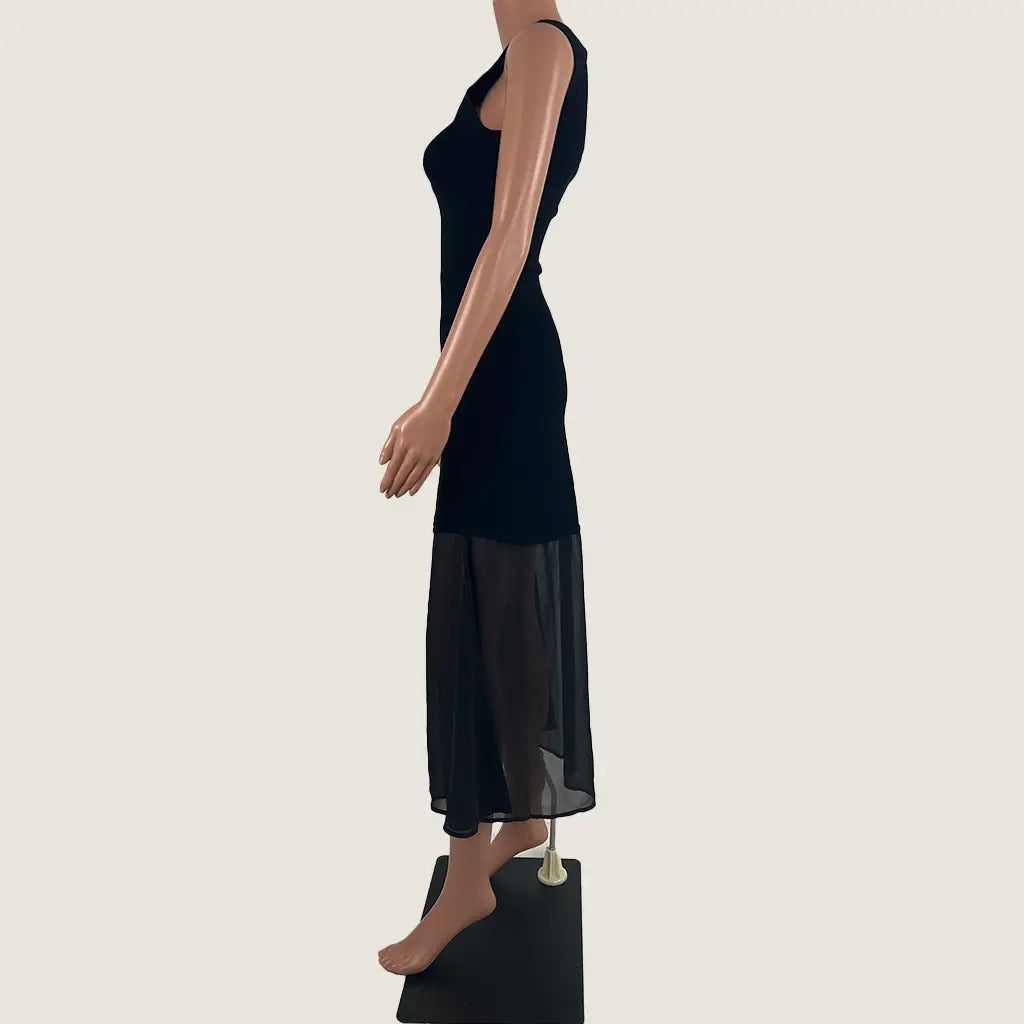 Side View of the Aere Sheer Hem Knit Midi Dress