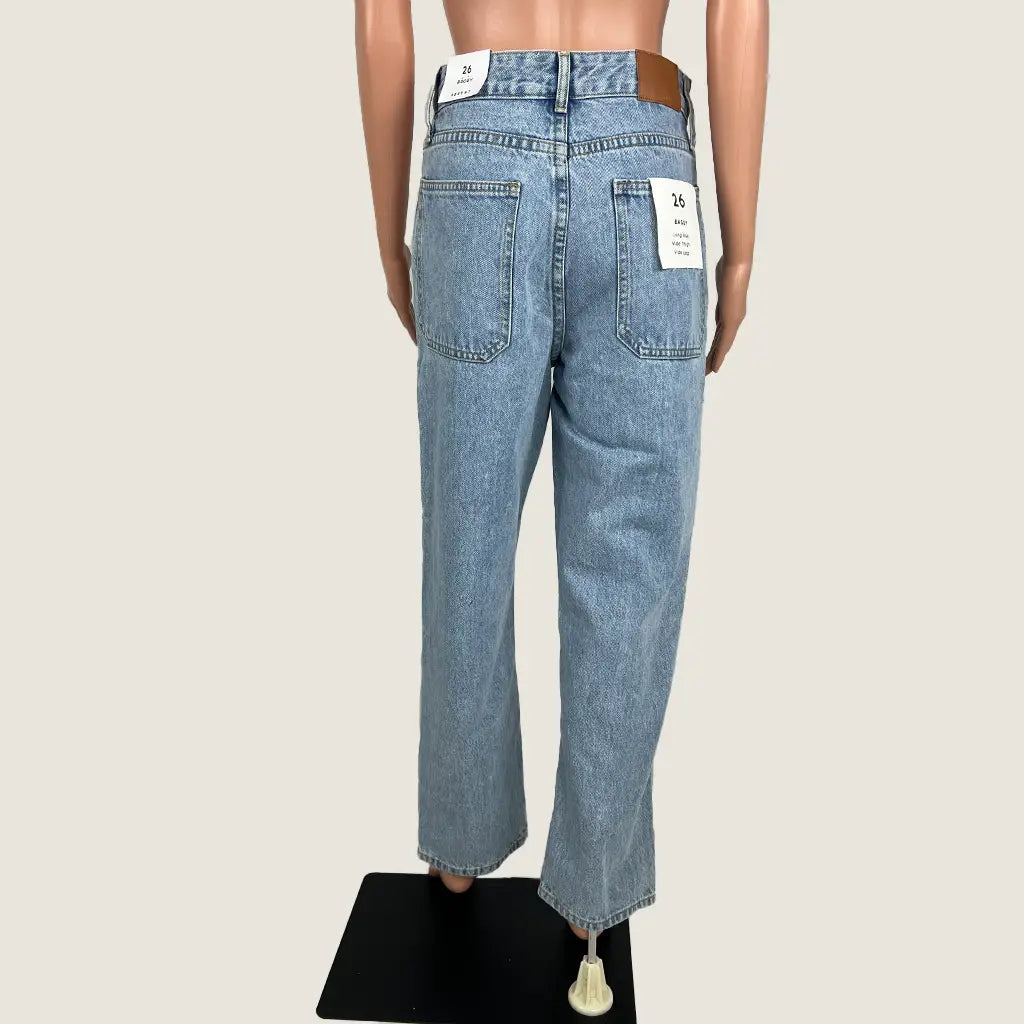 Back View of the Absent Long Rise Wide Thigh Wide Leg Baggy Jeans in Light Blue