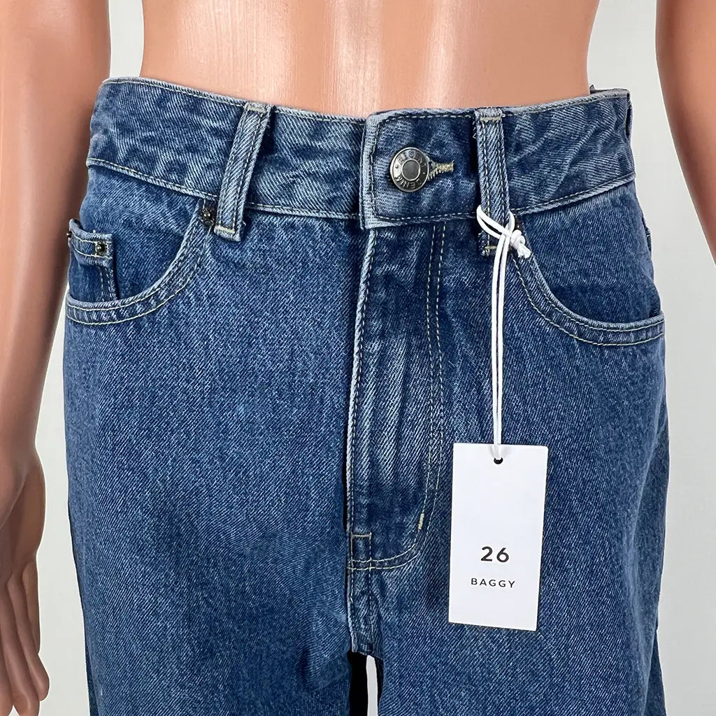 Front Waist View of the Absent Long Rise Wide Thigh Wide Leg Baggy Jeans in Dark Blue