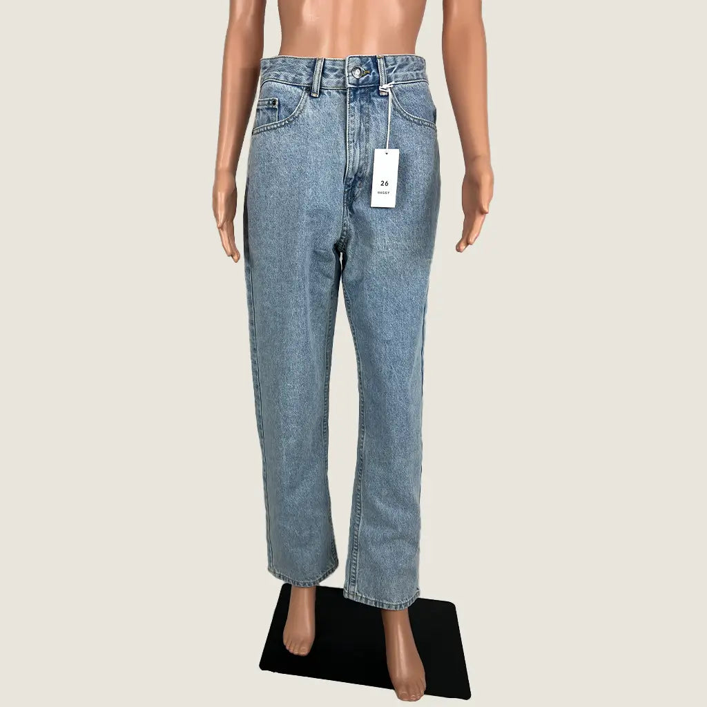 Front View of the Absent Long Rise Wide Thigh Wide Leg Baggy Jeans in Light Blue