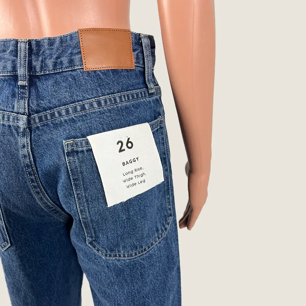 Back Detail View of the Absent Long Rise Wide Thigh Wide Leg Baggy Jeans in Dark Blue