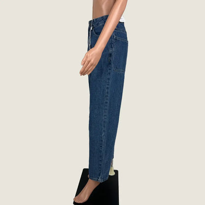 Side View of the Absent Long Rise Wide Thigh Wide Leg Baggy Jeans in Dark Blue