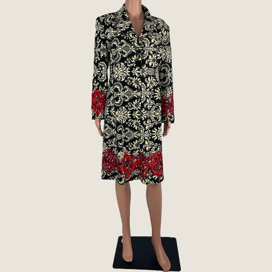 Front View of the Andiamo Midi Black and Cream Brocade Coat