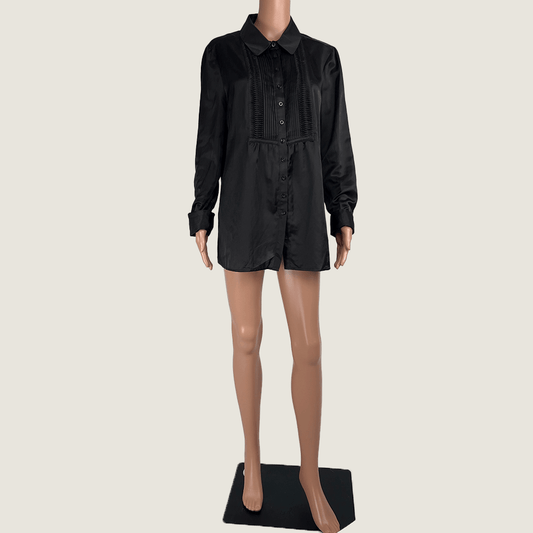 Front view of a black long sleeve shirt with a feature pleated block at front from Apanage