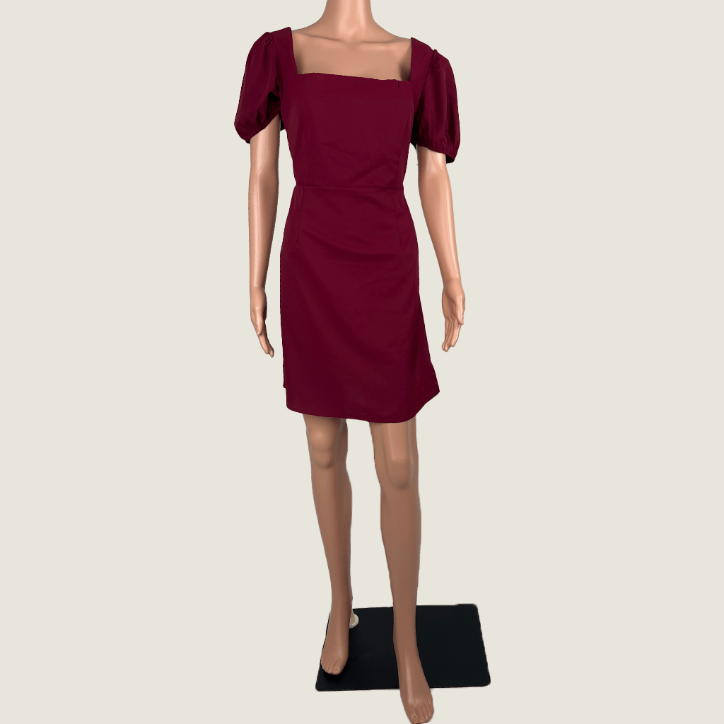 Front view of the Atmos&Here Burgundy Cap Sleeve Midi Dress