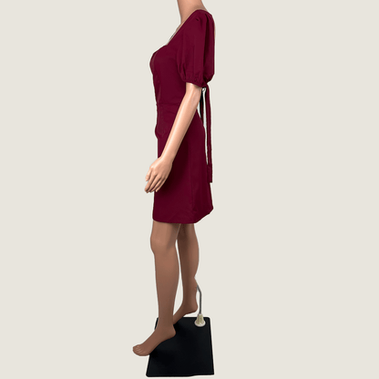 Side view of the Atmos&Here Burgundy Cap Sleeve Midi Dress