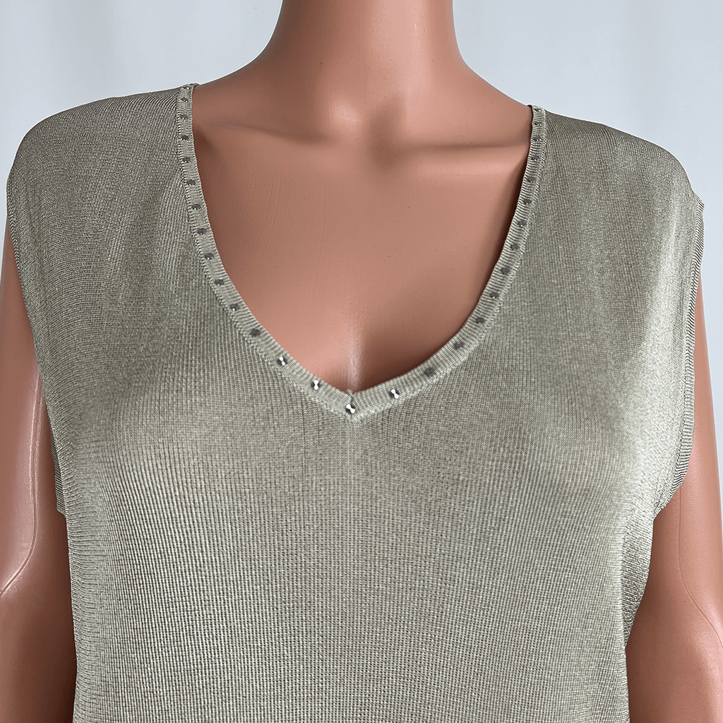 Front close up of  Cami V neck collar with stud feature trim