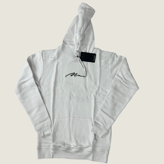 Front view of the Boohoo Man white hoodie
