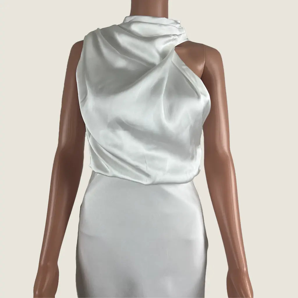 Front Detail View of the Burans Fashion White Sleeveless Dress