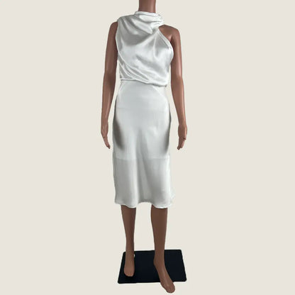 Front View of the Burans Fashion White Sleeveless Dress