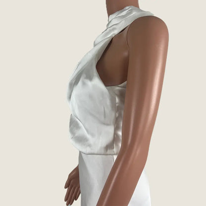 Side Detail View of the Burans Fashion White Sleeveless Dress