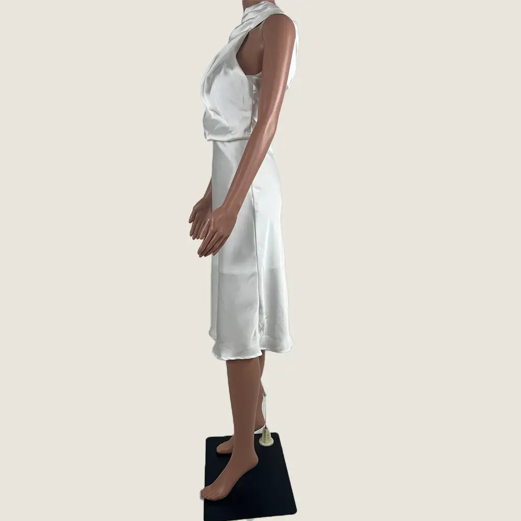 Side View of the Burans Fashion White Sleeveless Dress