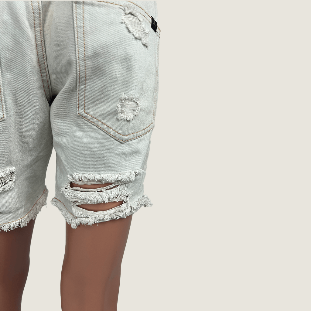 Back close up view of Cotton on light blue distressed denim