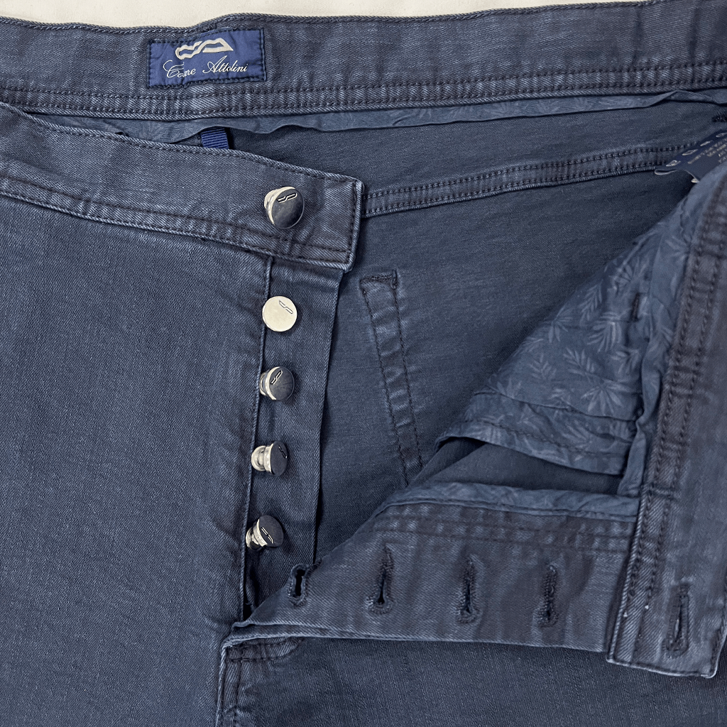 Front button detail open view of the C Attolini Denim Chino Trouser