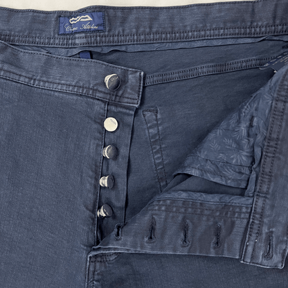 Front button detail open view of the C Attolini Denim Chino Trouser