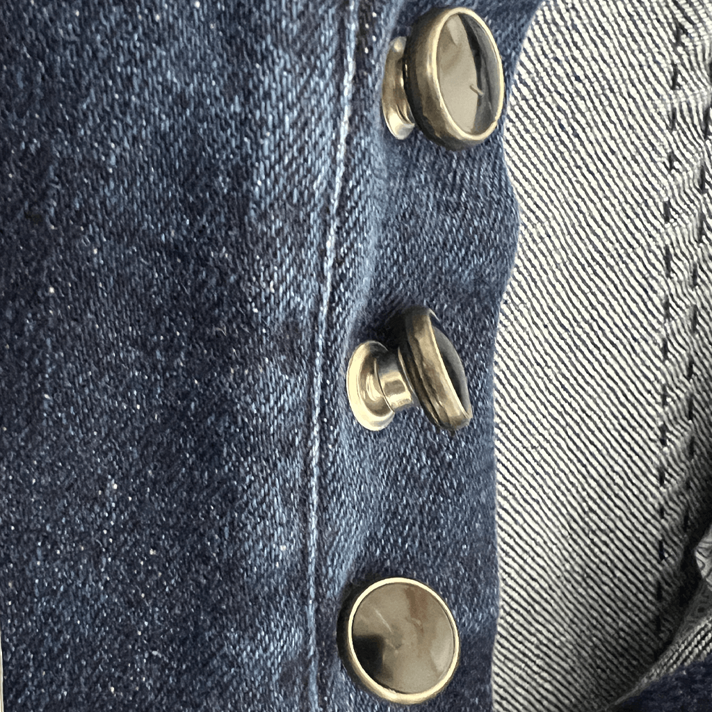 Close up side detail view of the buttons on the C Attolini Denim Trouser