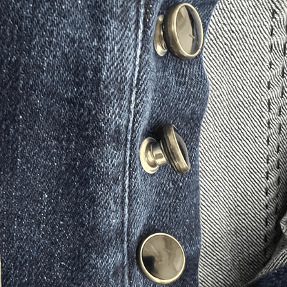 Close up side detail view of the buttons on the C Attolini Denim Trouser