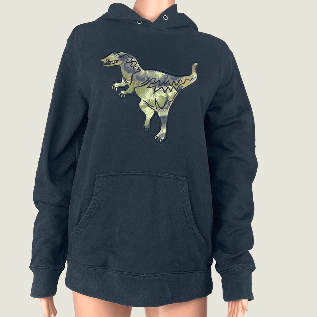 Front Close Up View of the Coach Rexy the Dinosaur Black Hoodie