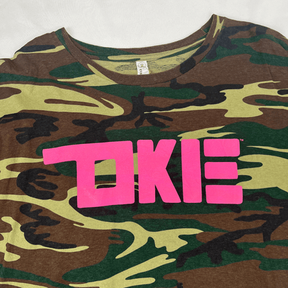 Front logo detail view of the Code 5 camouflage t-shirt