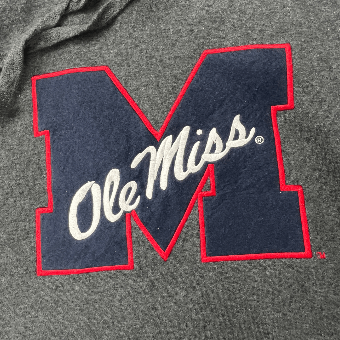 Front logo detail view of the Colosseum Ole Miss Hoodie