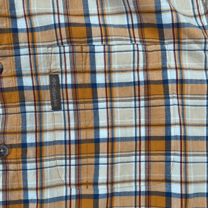 Front pocket detail view of the Columbia men's checkered shirt